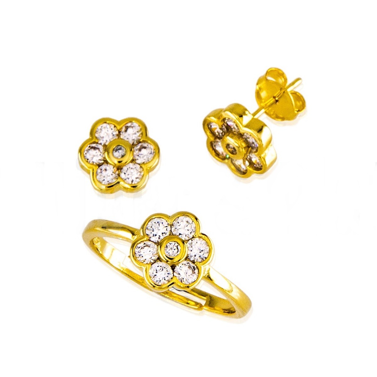 Conjunto infantil flor de Plata de ley chapada en Oro con Circonitas