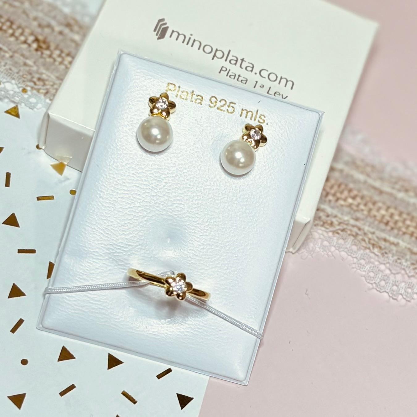 Juego infantil flor Pendientes y Anillo ajustable de Plata dorada con Perlas Cultivadas y Circonitas 3
