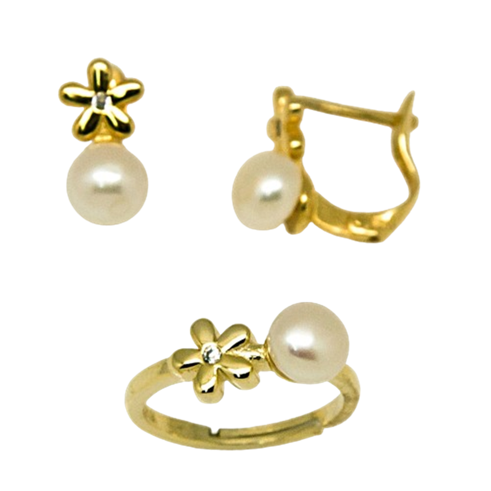 Juego Pendientes y Anillo flor de Plata dorada con Perlas cultivadas y Circonitas para niña