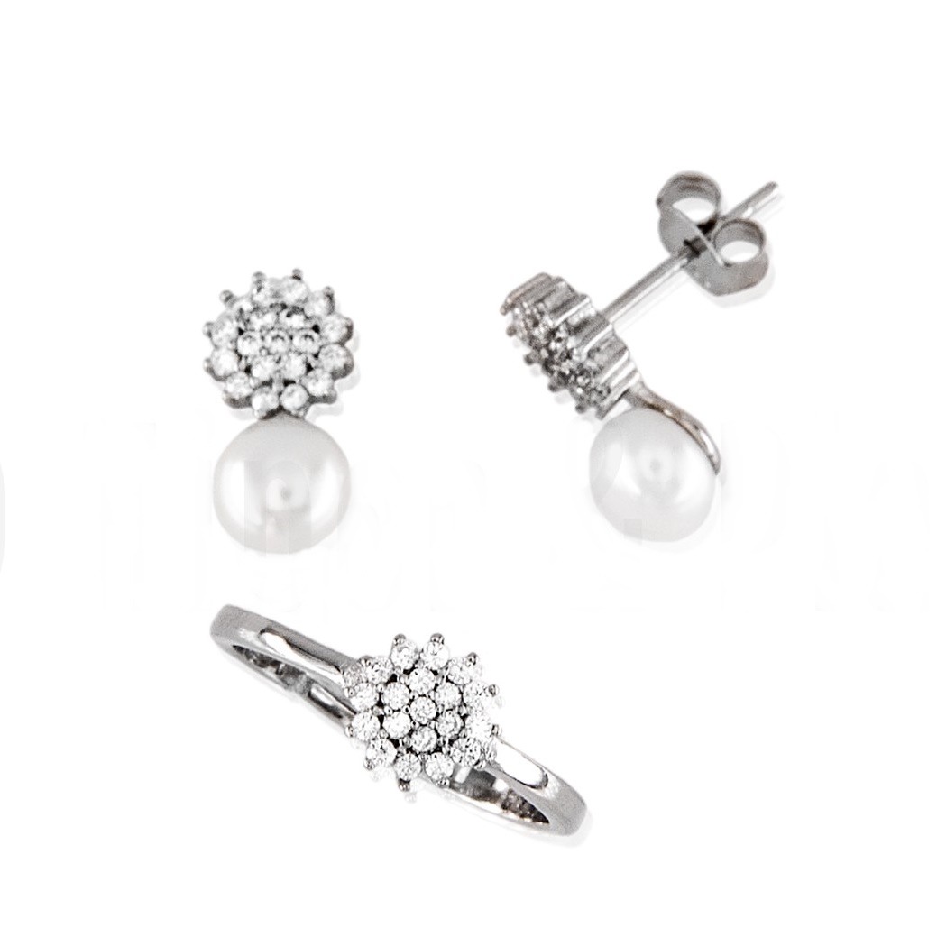 Juego Pendientes y Anillo ajustable para Comunión flor Plata rodiada con Perlas cultivadas y Circonitas