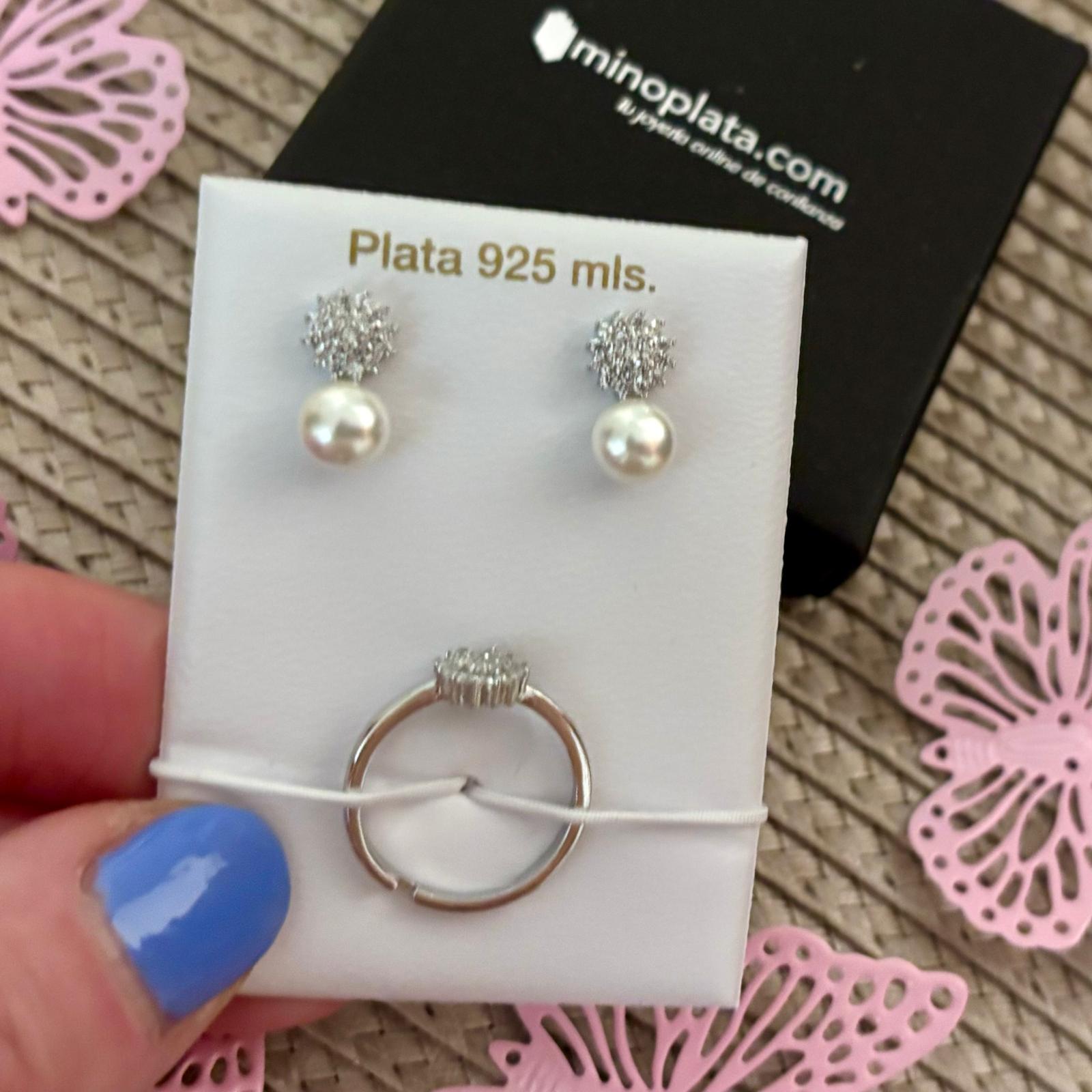 Juego Pendientes y Anillo ajustable para Comunión flor Plata rodiada con Perlas cultivadas y Circonitas 3