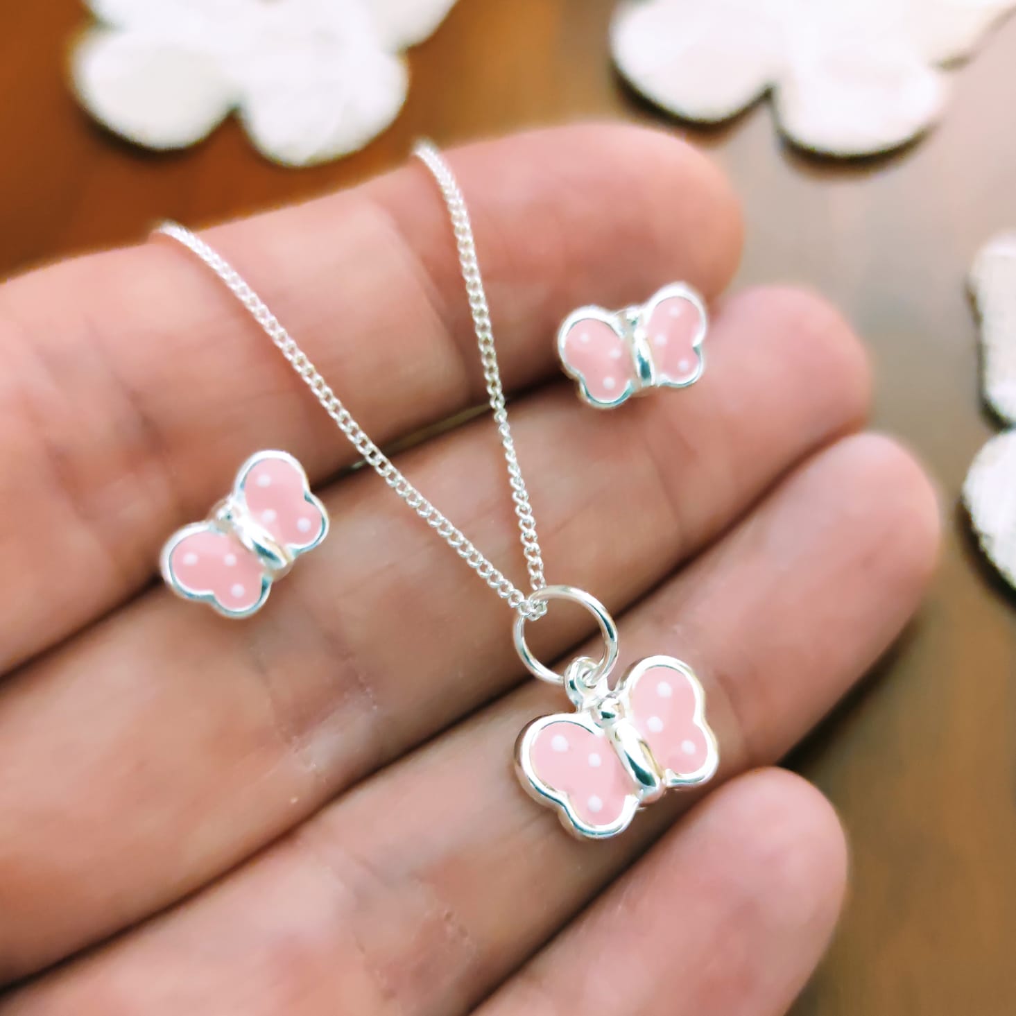 Conjunto Pendientes y Gargantilla mariposas rosas de Plata niña 1