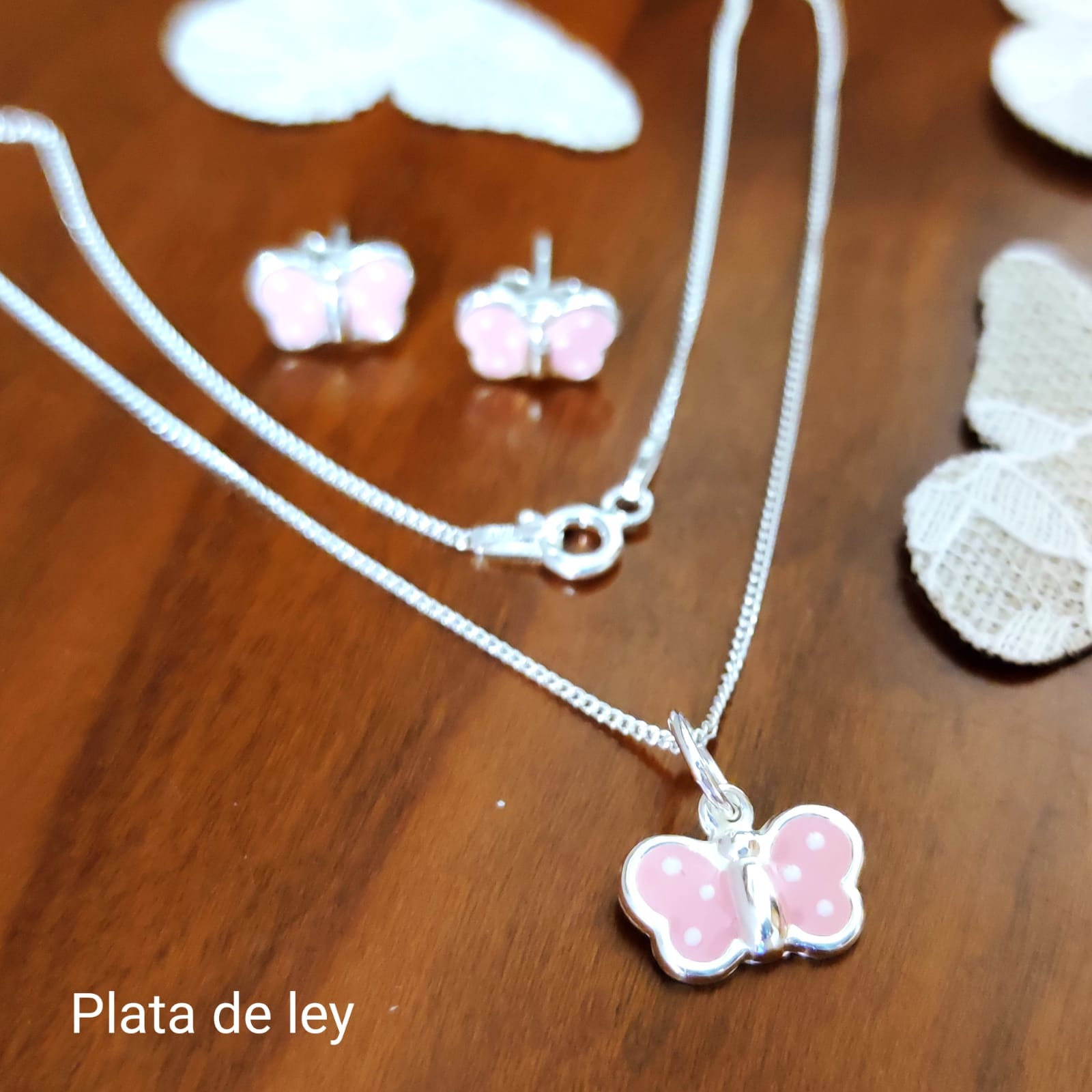 Conjunto Pendientes y Gargantilla mariposas rosas de Plata niña 2