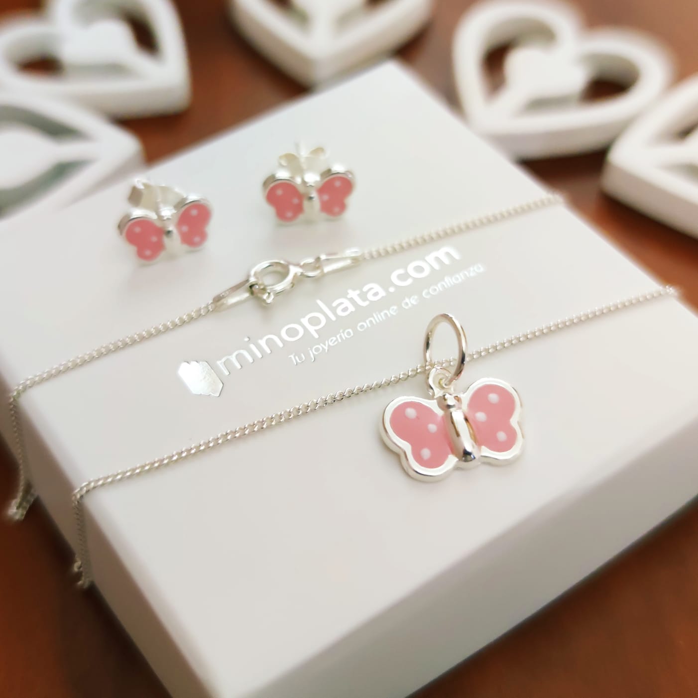 Conjunto Pendientes y Gargantilla mariposas rosas de Plata niña 3