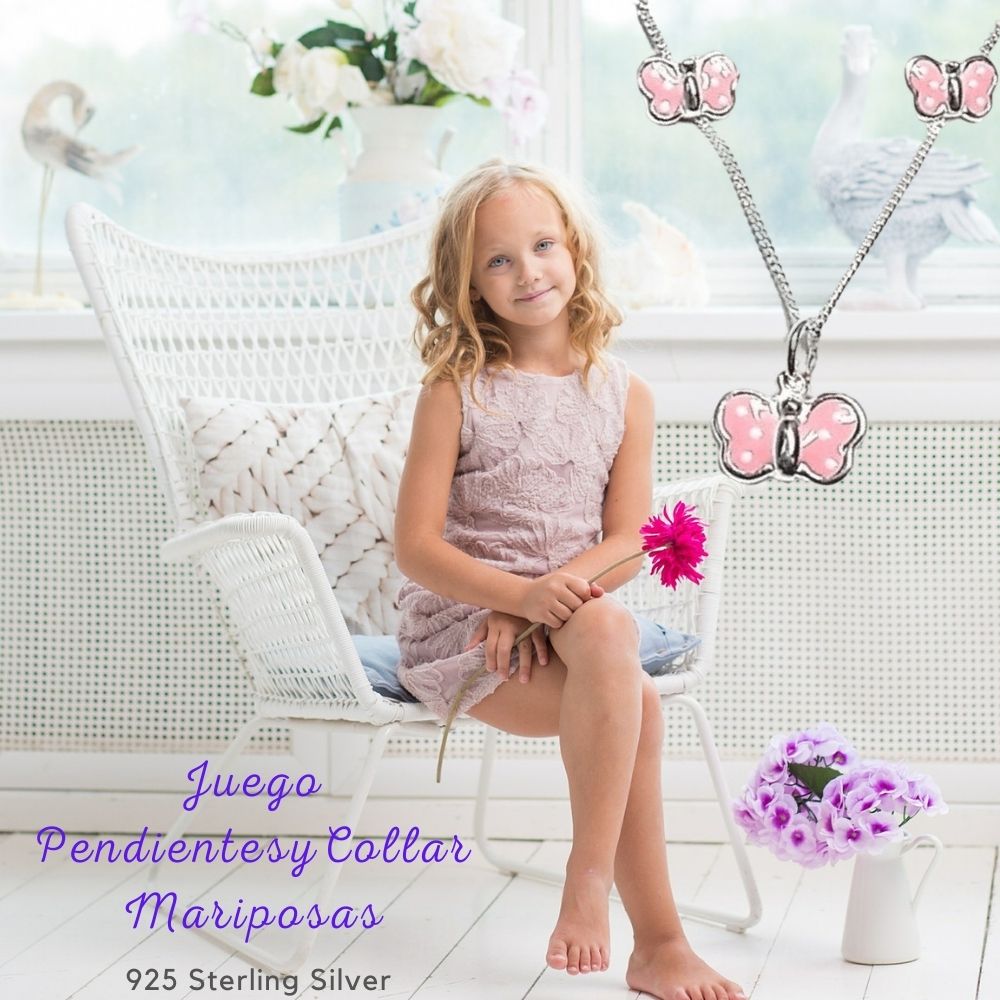 Conjunto Pendientes y Gargantilla mariposas rosas de Plata niña 4