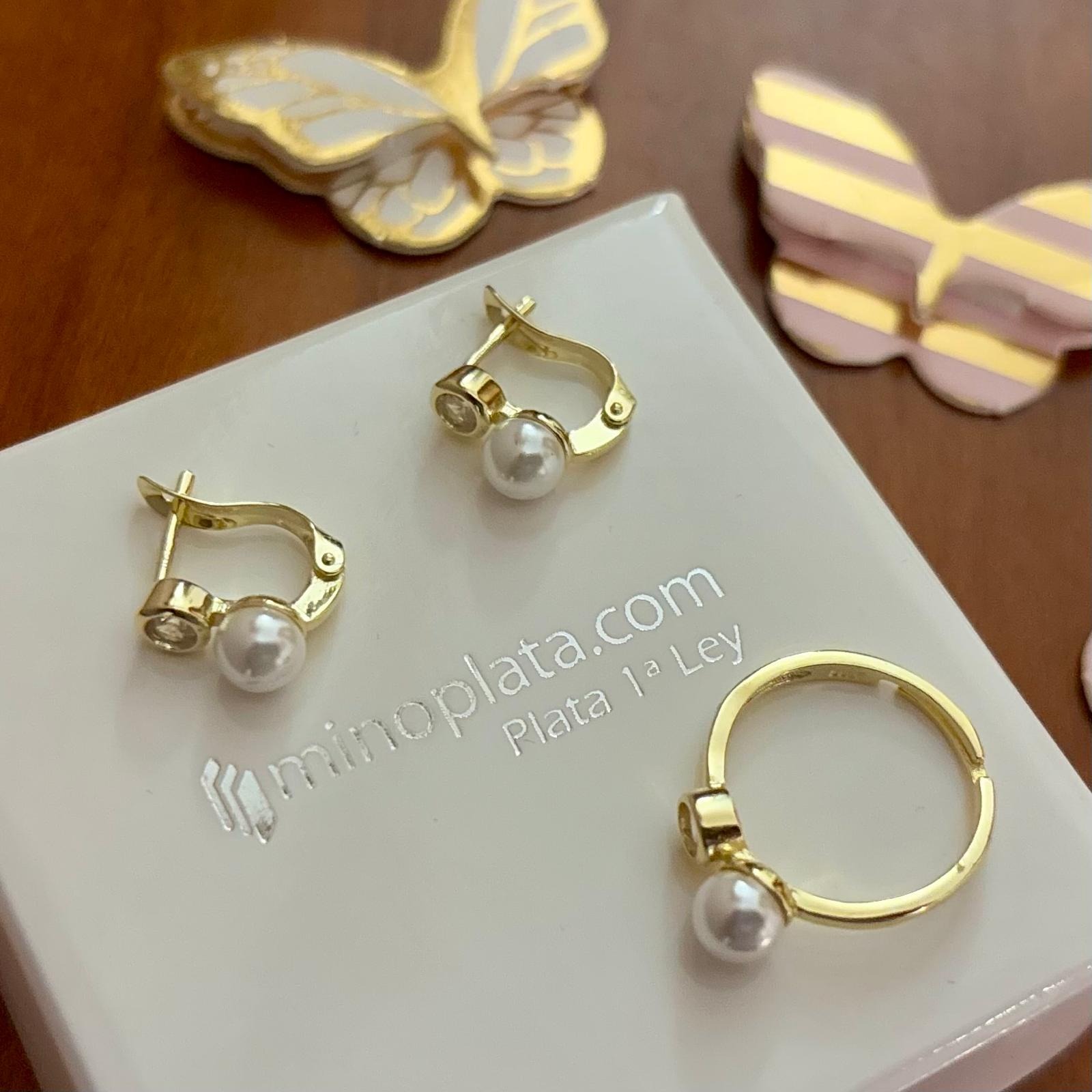Juego Pendientes y Anillo ajustable de Plata chapada en Oro con Perlas cultivadas y Circonitas 1