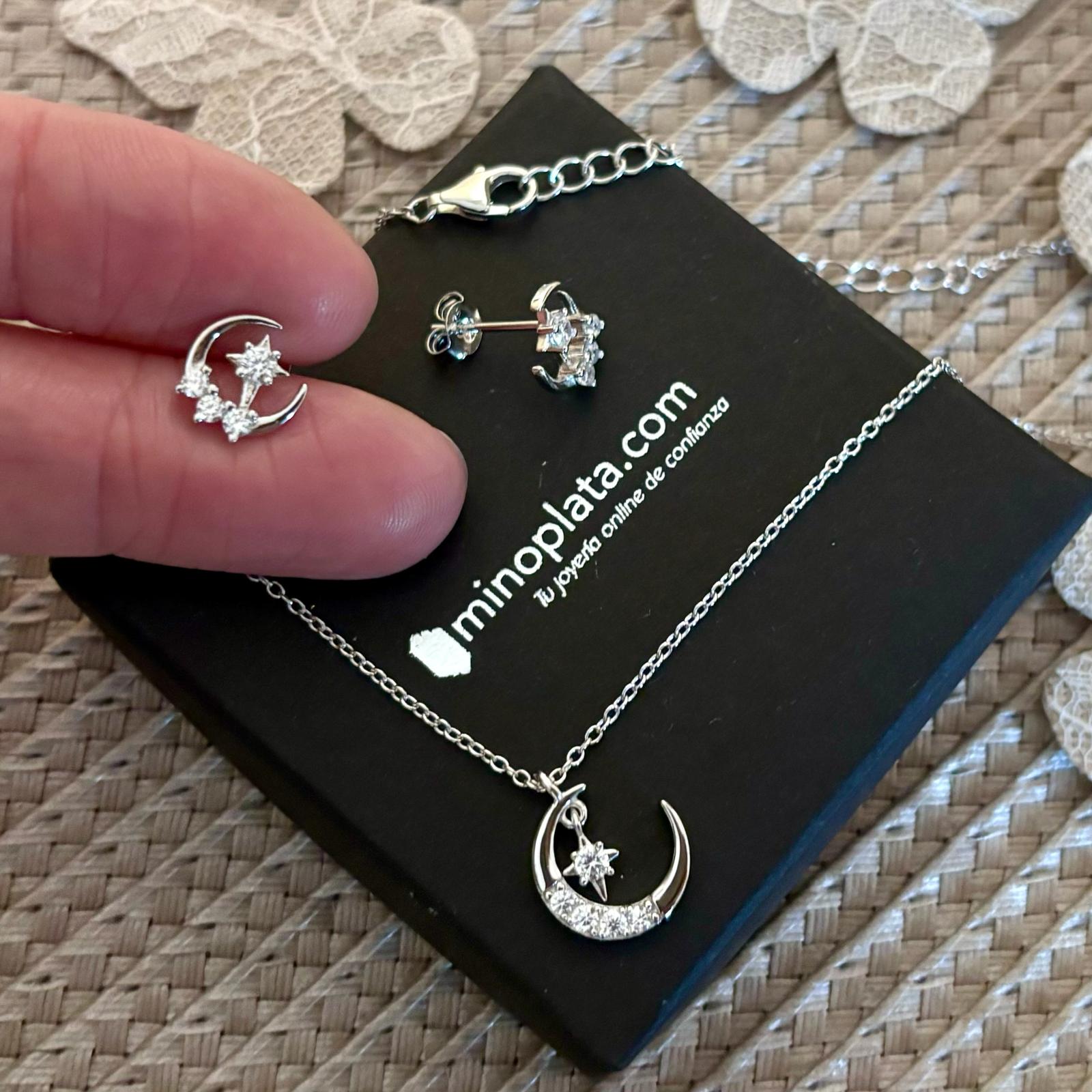 Conjunto de Pendientes y Gargantilla luna con estrella de Plata rodio y Circonitas