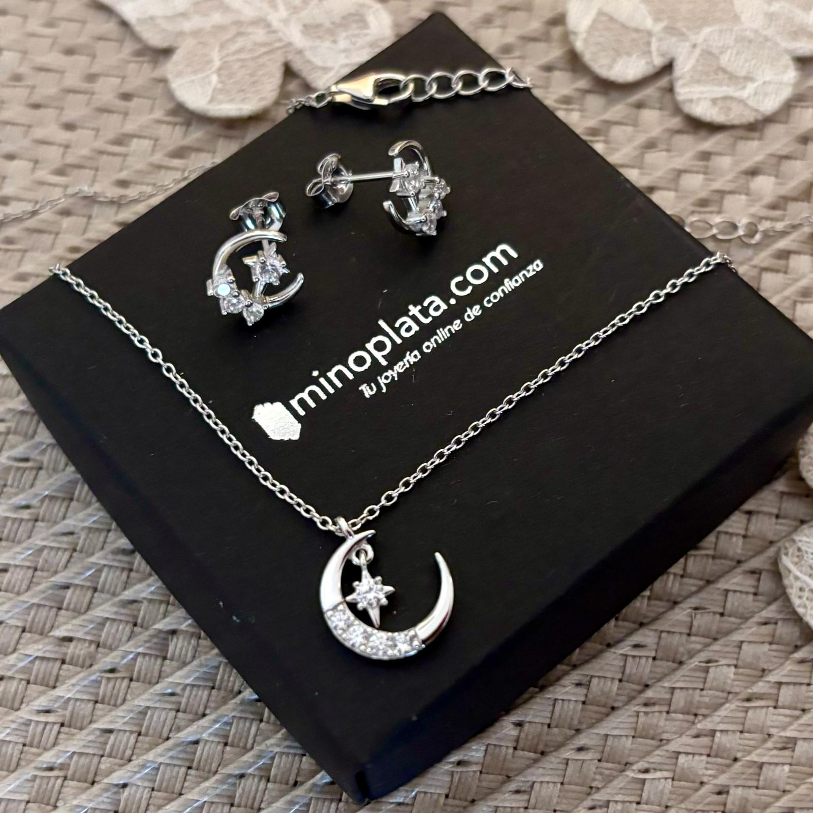 Conjunto de Pendientes y Gargantilla luna con estrella de Plata rodio y Circonitas 2