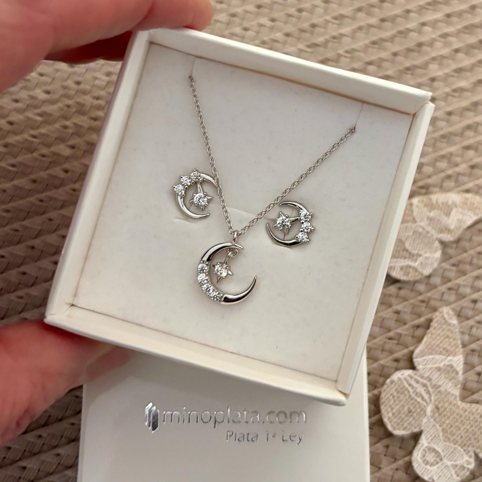 Conjunto de Pendientes y Gargantilla luna con estrella de Plata rodio y Circonitas 4