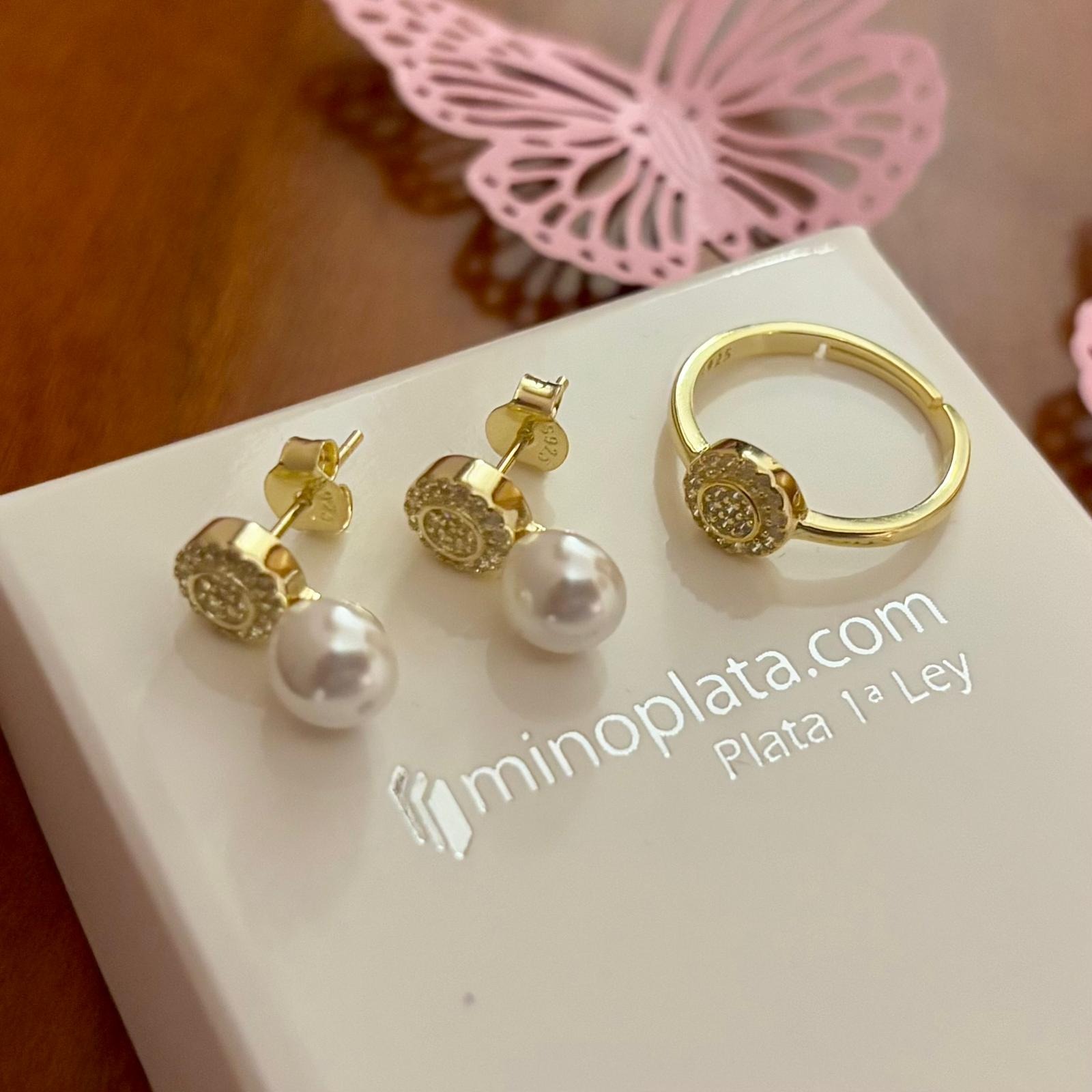 Juego de Pendientes y Anillo ajustable en Plata chapada dorada con Perlas cultivadas y Circonitas_1