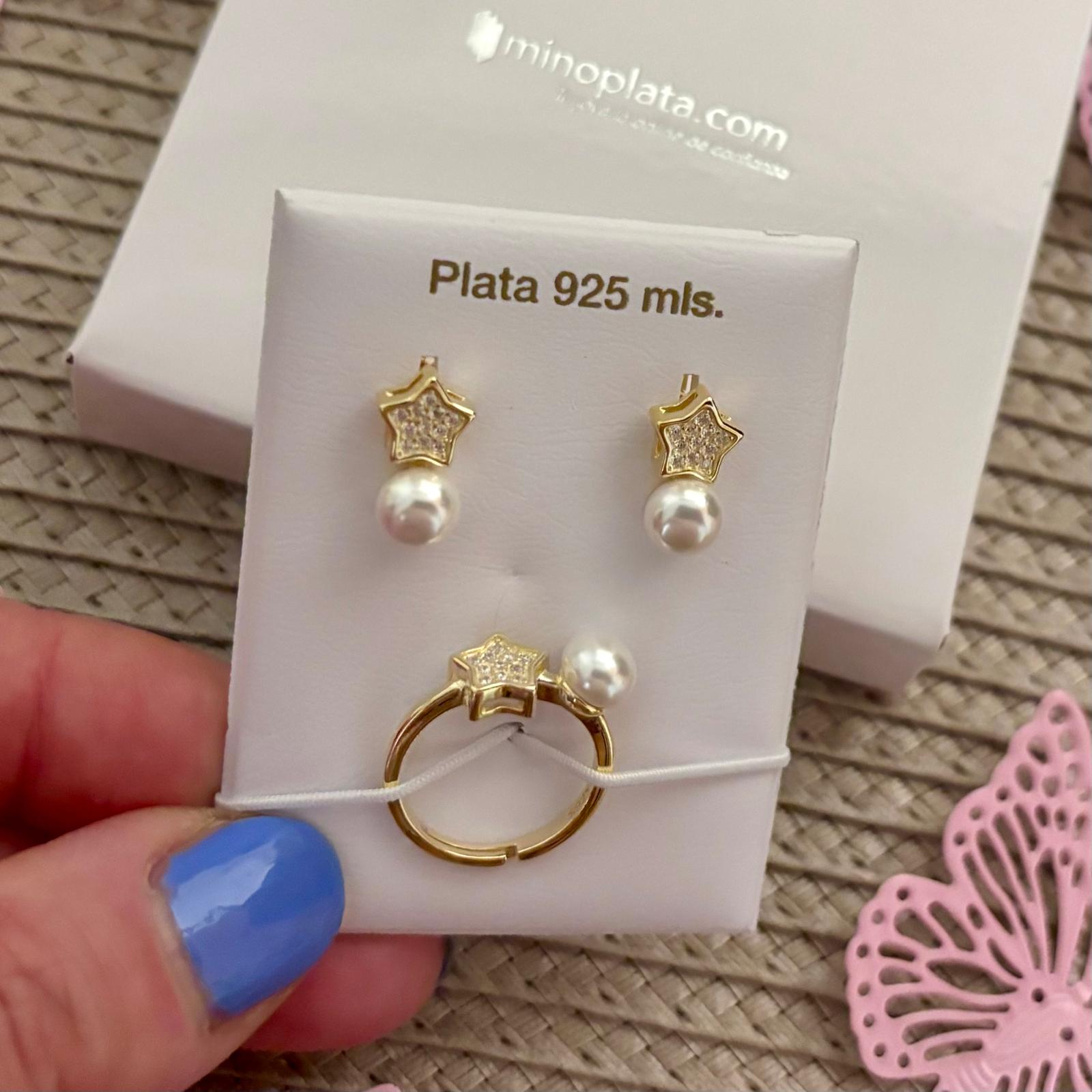 Conjunto Pendientes y Anillo ajustable estrella de Plata chapada dorada y Perlas cultivadas 1