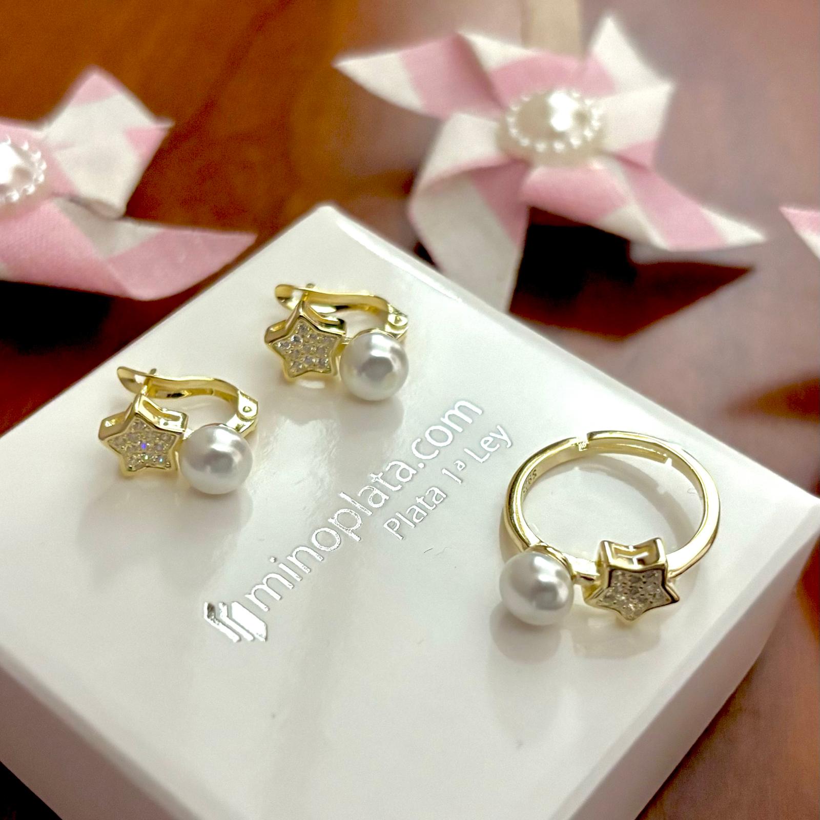 Conjunto Pendientes y Anillo ajustable estrella de Plata chapada dorada y Perlas cultivadas 3