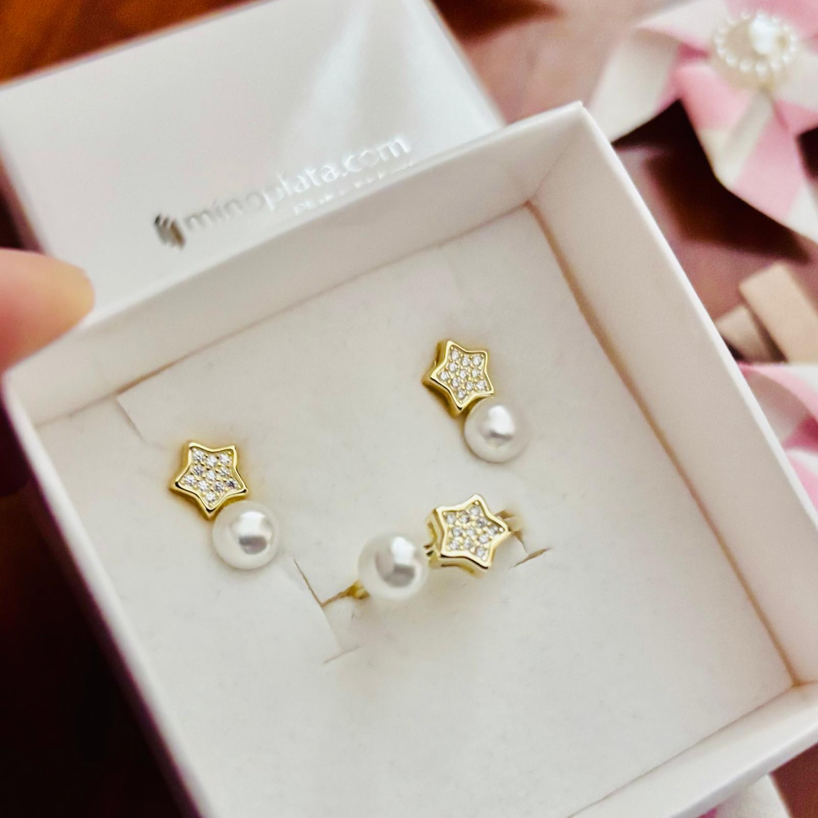 Conjunto Pendientes y Anillo ajustable estrella de Plata chapada dorada y Perlas cultivadas 4