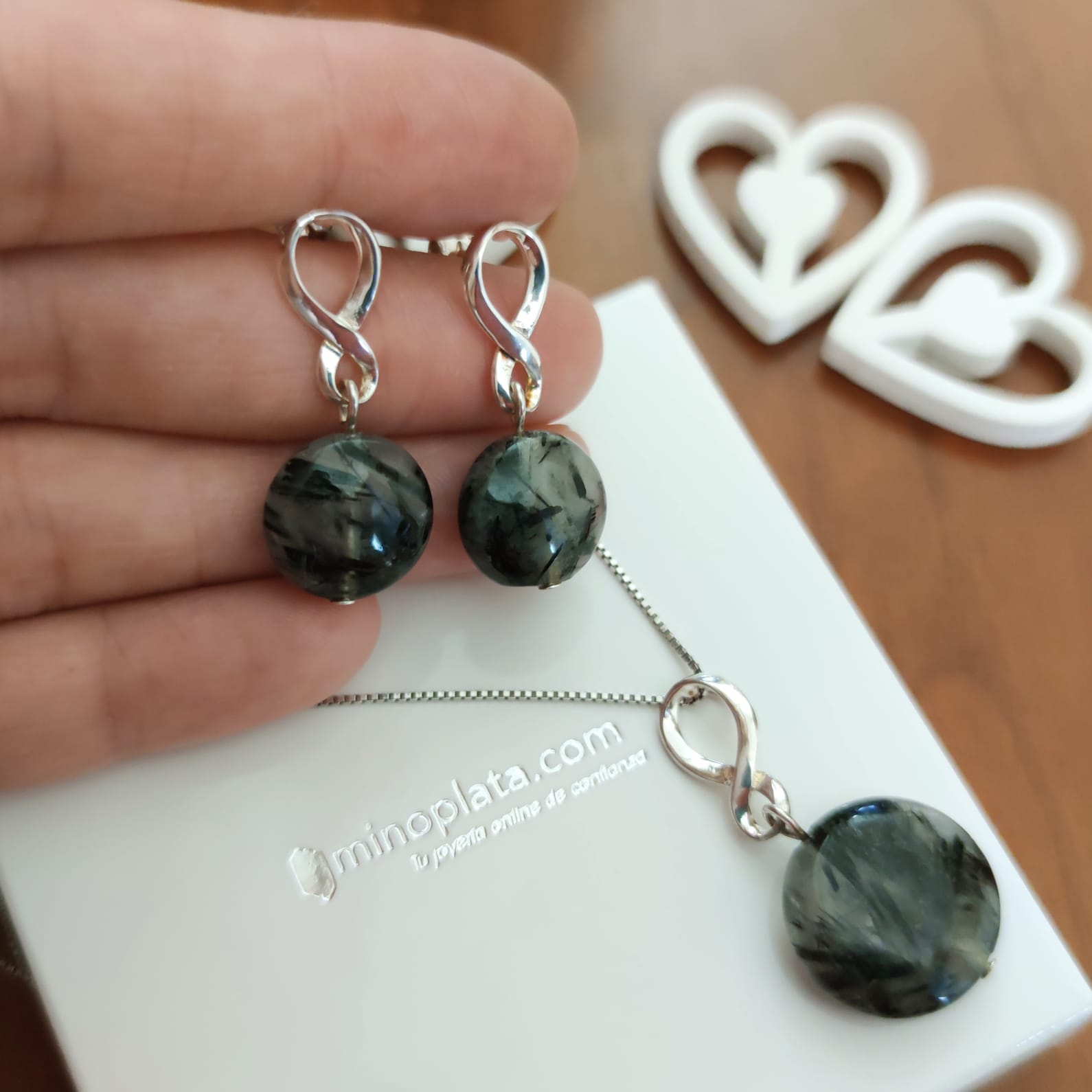 Juego Pendientes con Gargantilla de Plata y Piedra gris 2