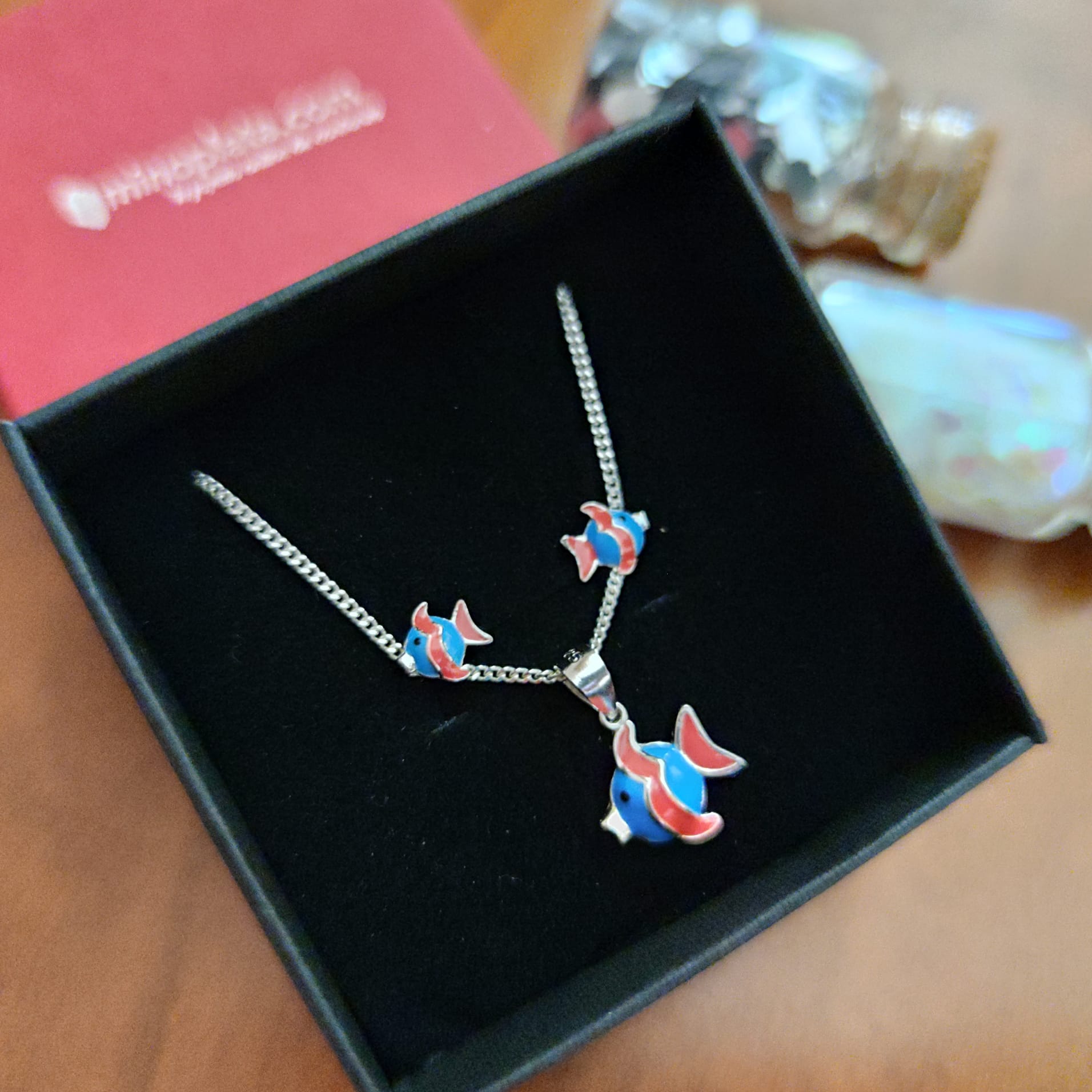 Conjunto Pendientes y Gargantilla infantil pez de Plata de ley 1