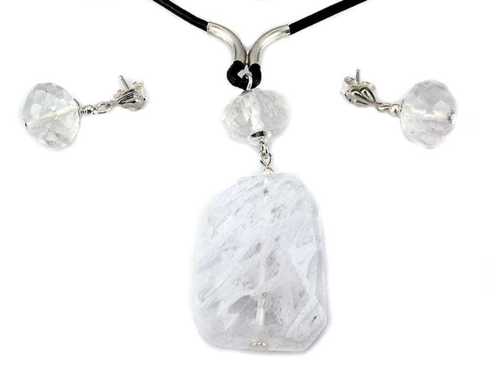 Conjunto Pendientes y Gargantilla cuarzo blanco y Plata de ley