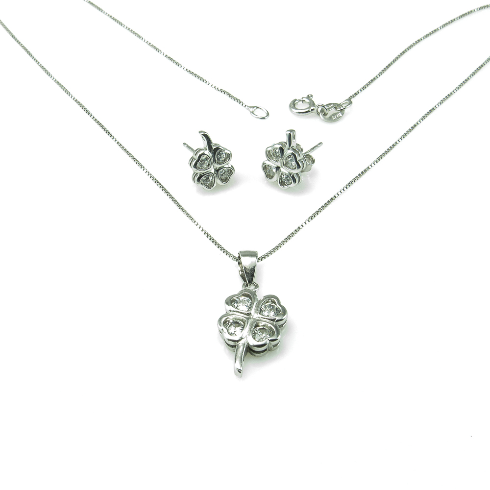 Conjunto Pendientes y Collar trébol de Plata con Circonitas