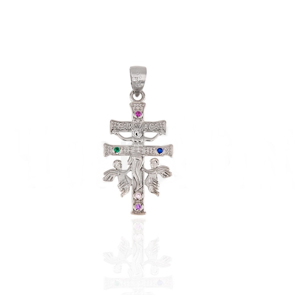 Cruz de Caravaca de Plata de ley rodiada con Circonitas 26mm x 14mm