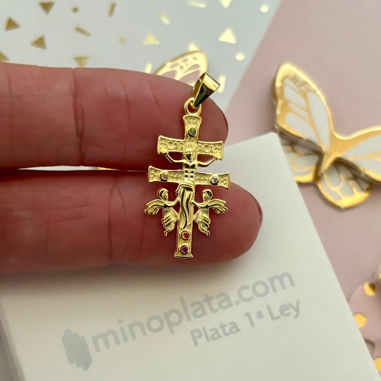 Cruz de Caravaca de Plata de ley chapada en Oro y Circonitas 26mm x 14mm 2