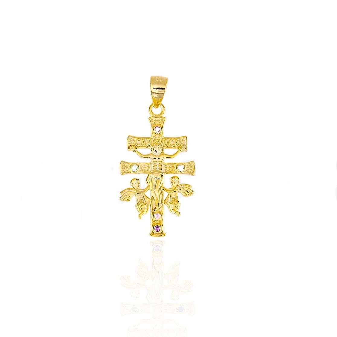 Cruz de Caravaca de Plata de ley chapada en Oro y Circonitas 26mm x 14mm