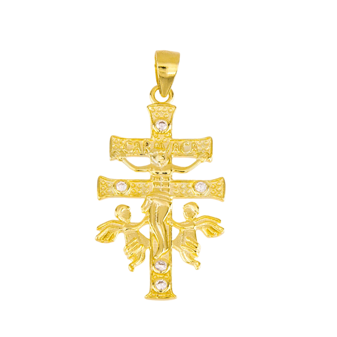 Cruz de Caravaca 30x17mm de Plata de ley chapada en Oro con Circonitas