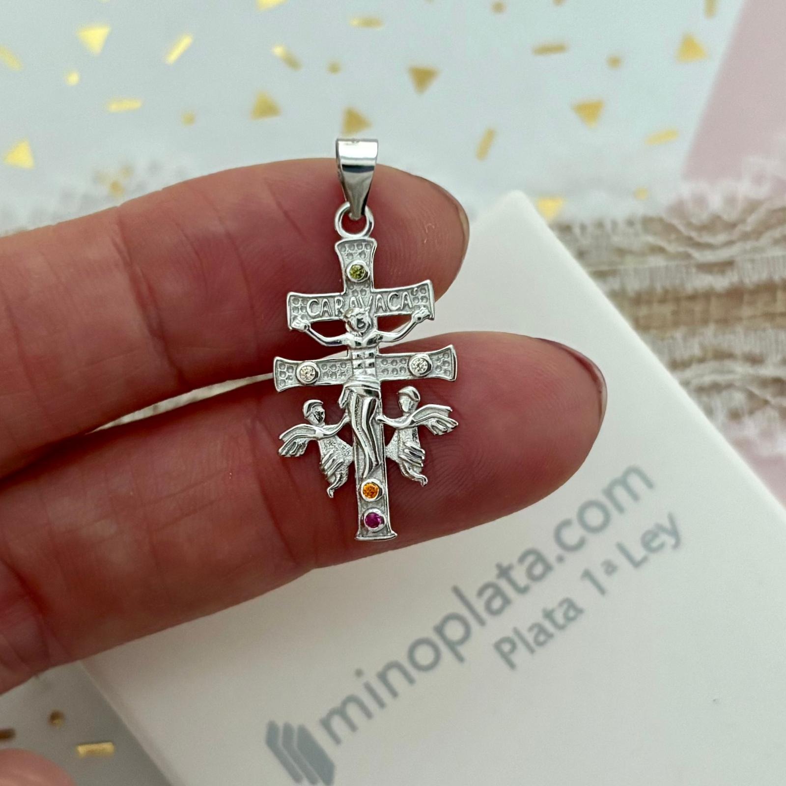 Cruz de Caravaca de Plata de ley rodiada con Circonitas 26mm x 14mm 2