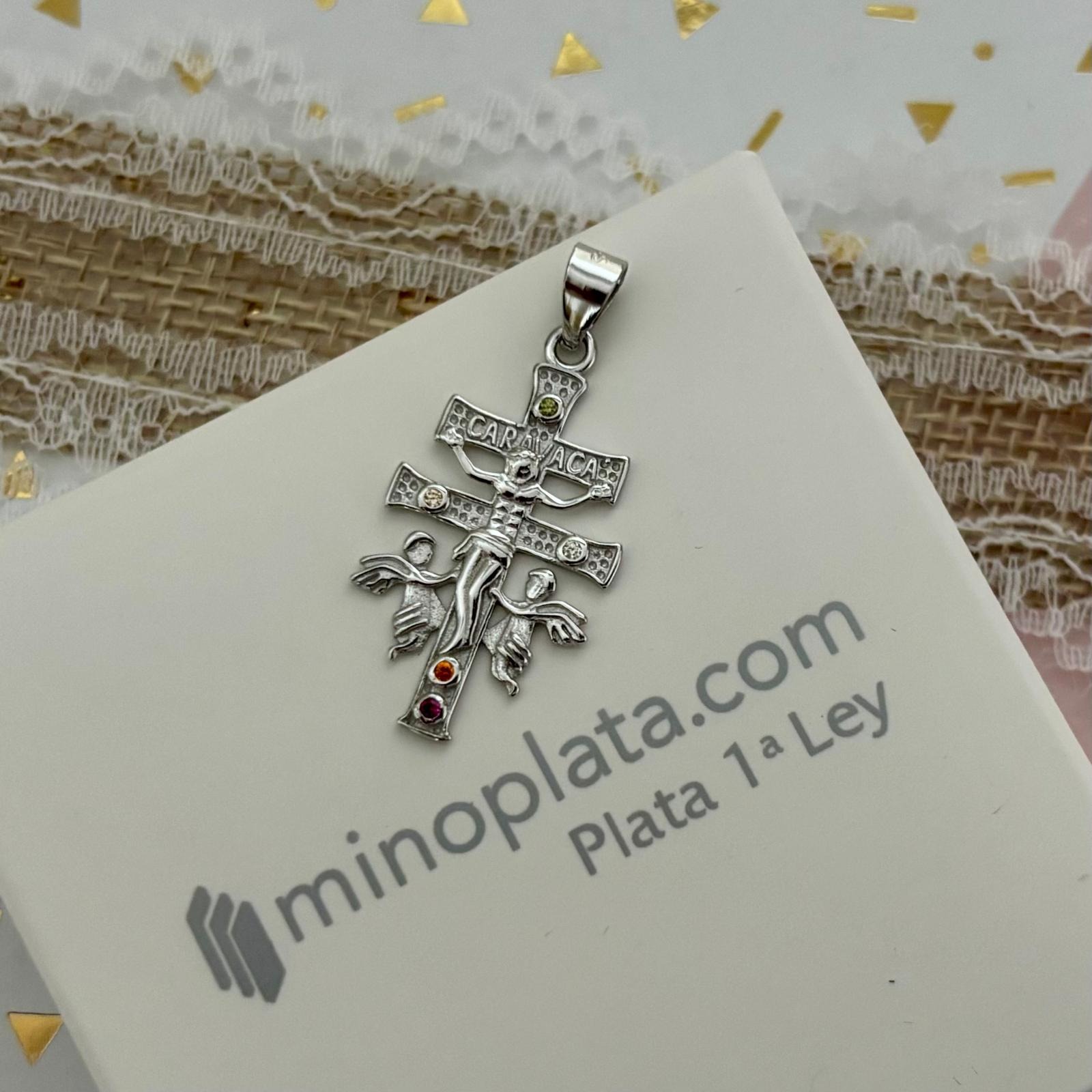 Cruz de Caravaca de Plata de ley rodiada con Circonitas 26mm x 14mm 3