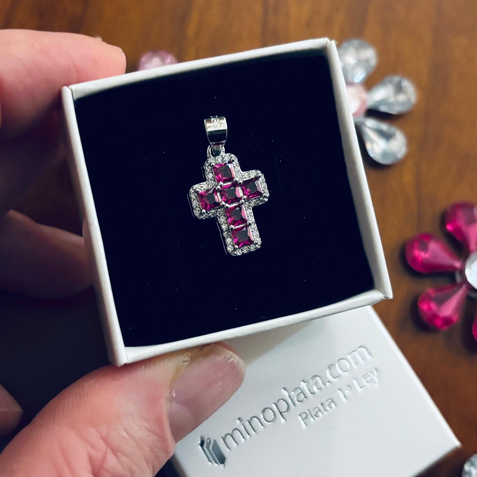 Crucifijo de Plata de ley rodiada con Circontias rubí y blancas 15x12mm 2