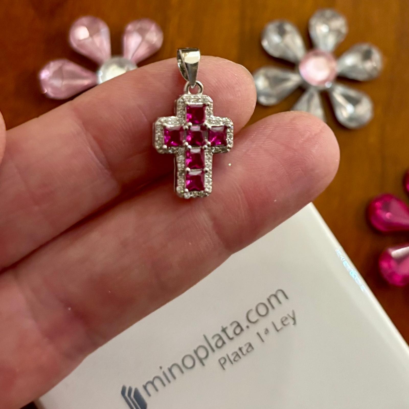 Crucifijo de Plata de ley rodiada con Circontias rubí y blancas 15x12mm 3