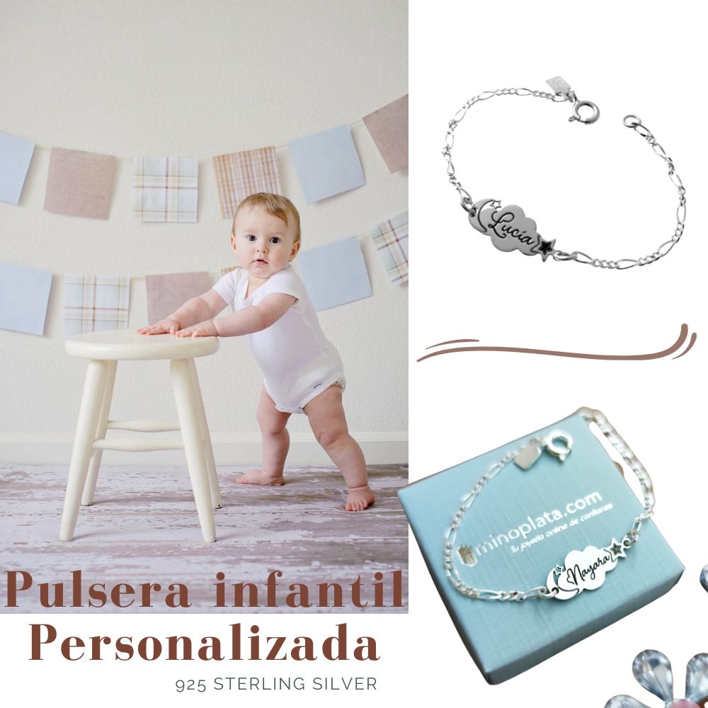 Pulsera esclava infantil nube personalizada de Plata de ley 5