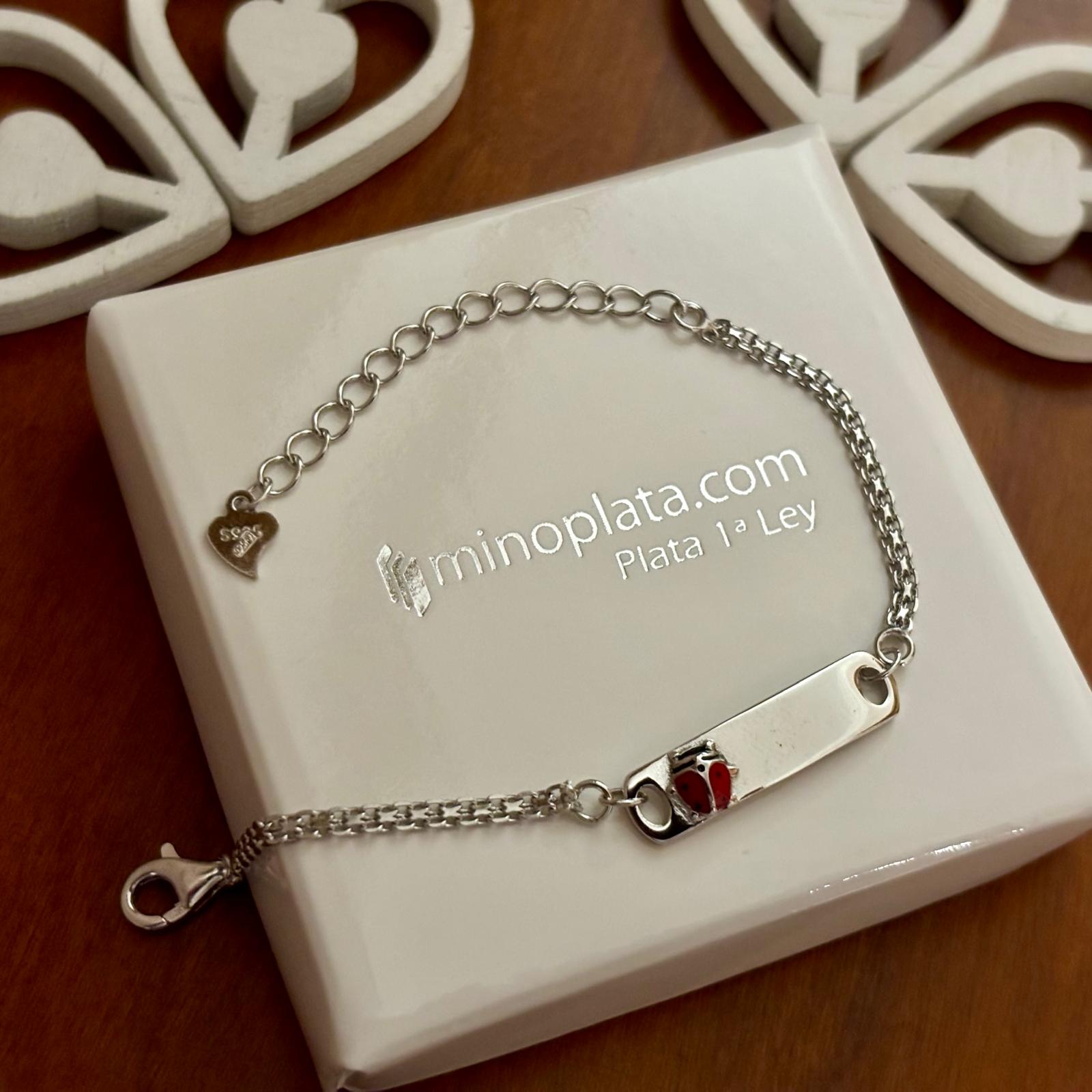 Pulsera esclava niña mariquita de Plata de ley rodiada 2