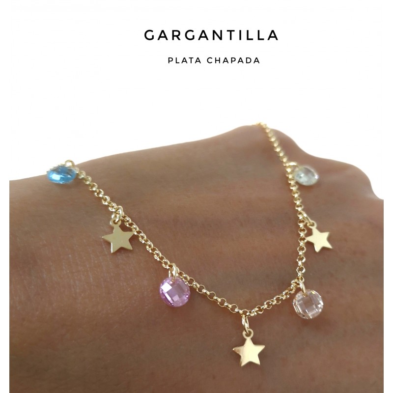 Collar de Plata de ley dorada con estrellas y Circonitas colores 1