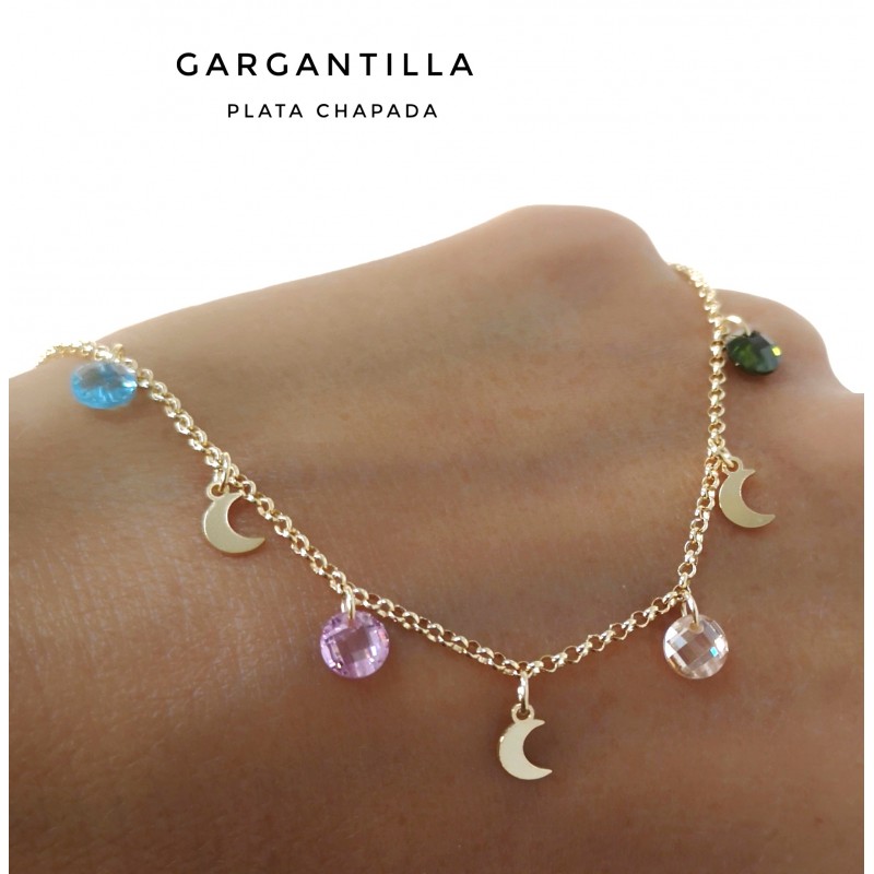 Gargantilla en Plata dorada con lunas y circonitas de colores 1