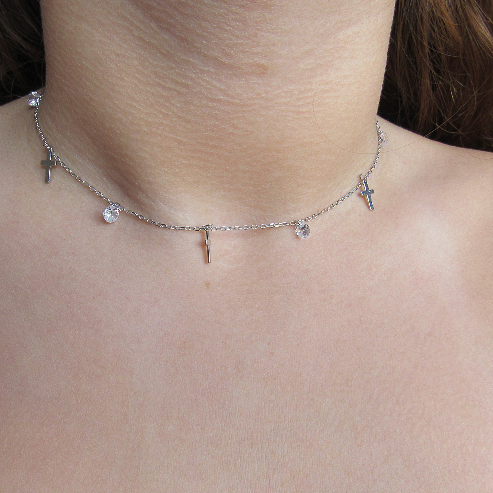 Gargantilla de Plata rodiada con cruces y Circonitas