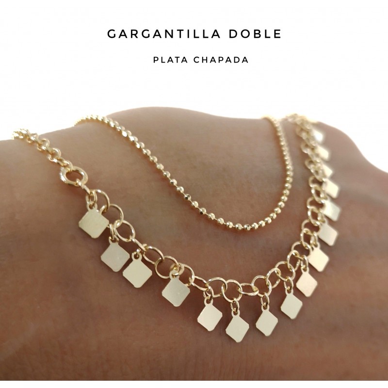 Gargantilla doble de Plata dorada rombos y bolitas 1