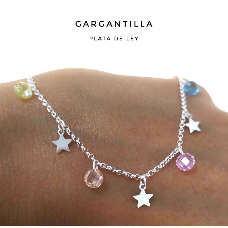 Gargantilla estrellas y Circonitas colores en Plata de ley_1