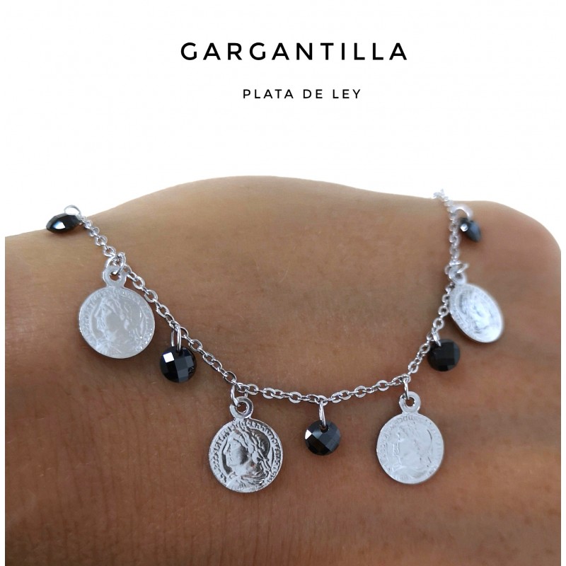 Gargantilla de Plata de ley monedas y piedras colgantes_1