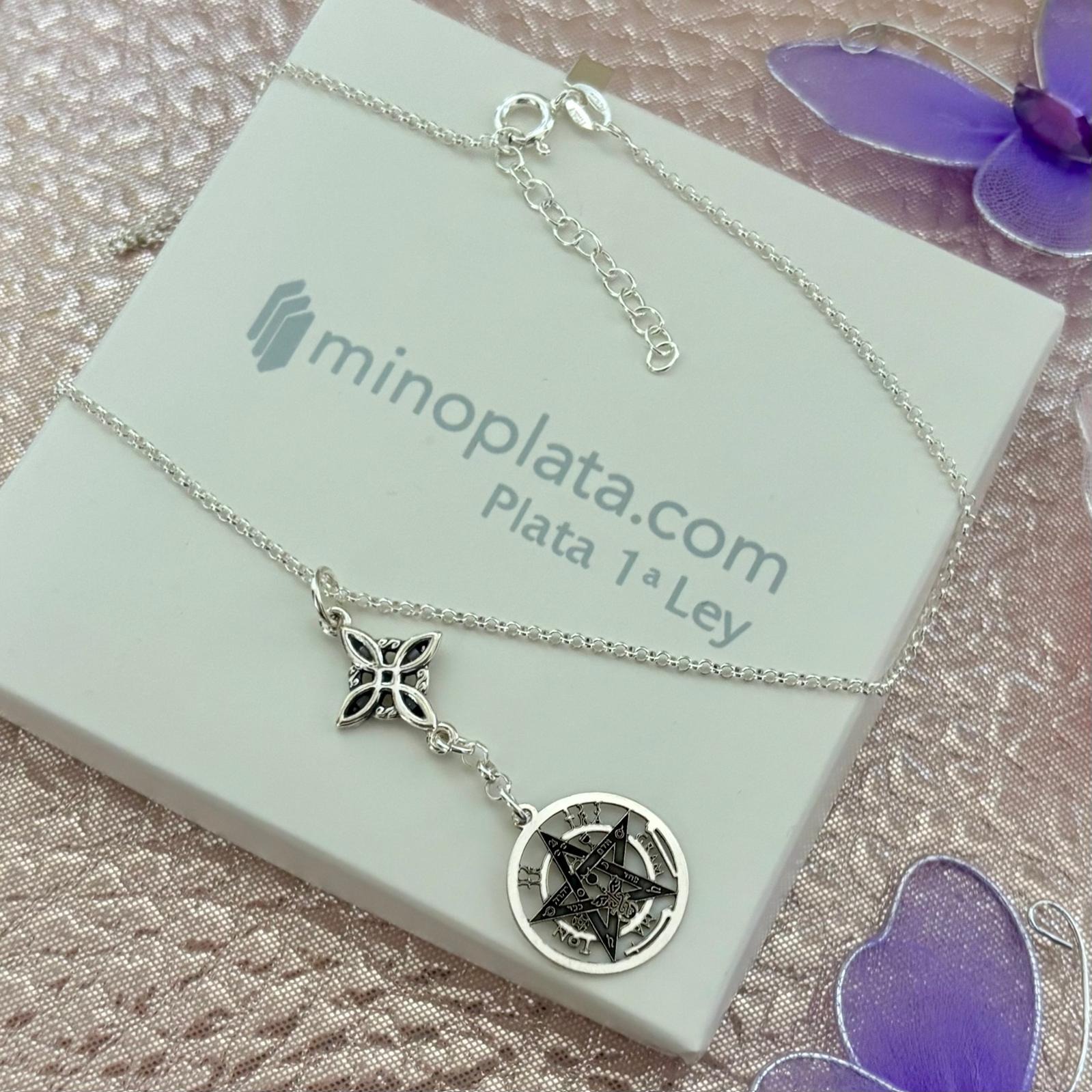 Gargantilla amuletos Nudo de Bruja y Tetragamatón de Plata de ley 3