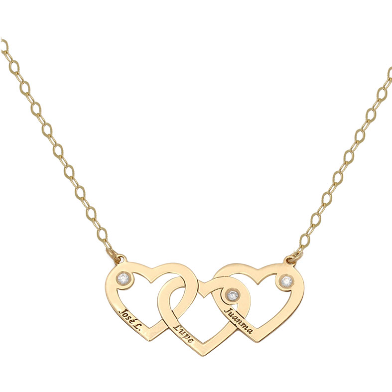 Gargantilla de Oro 18 Kl. tres Corazones con nombres grabados