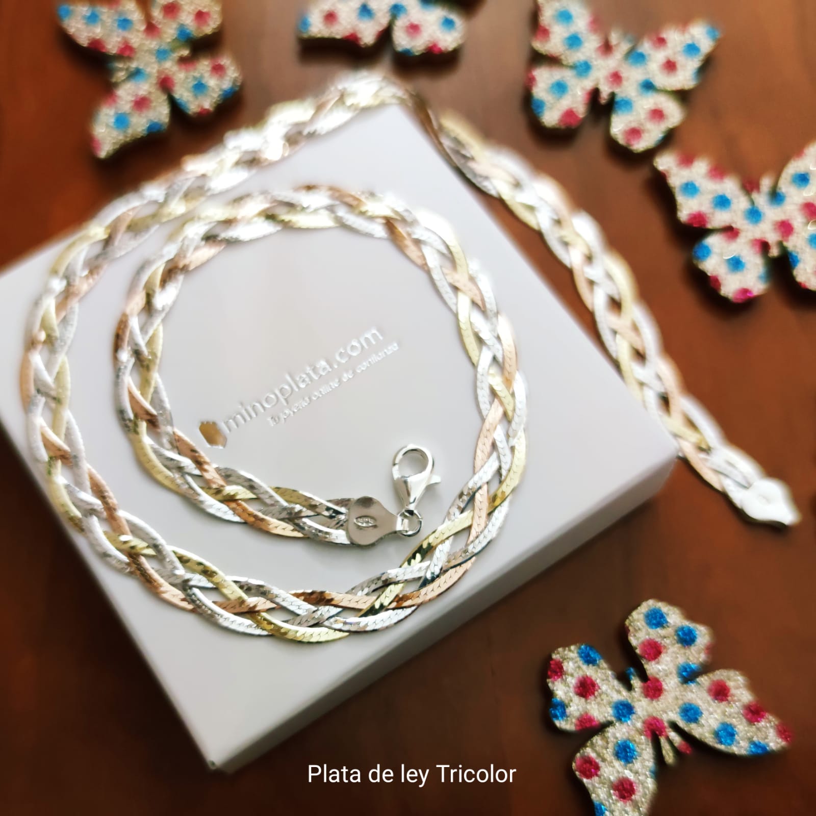 Gargantilla trenza de Plata de ley tricolor 2