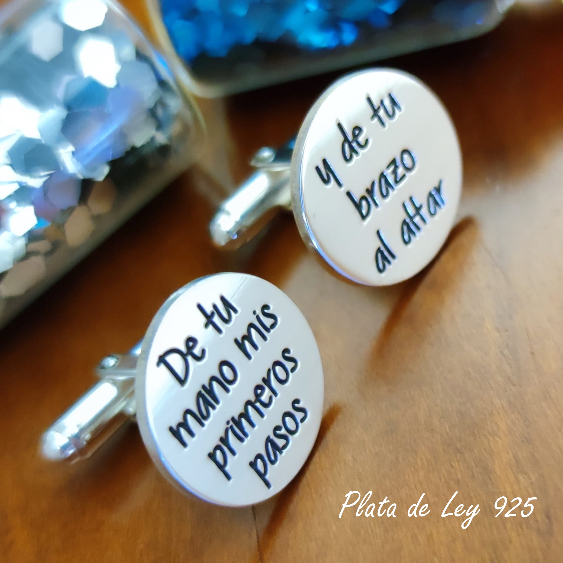 Gemelos de camisa redondos en Plata personalizados con tu texto 2