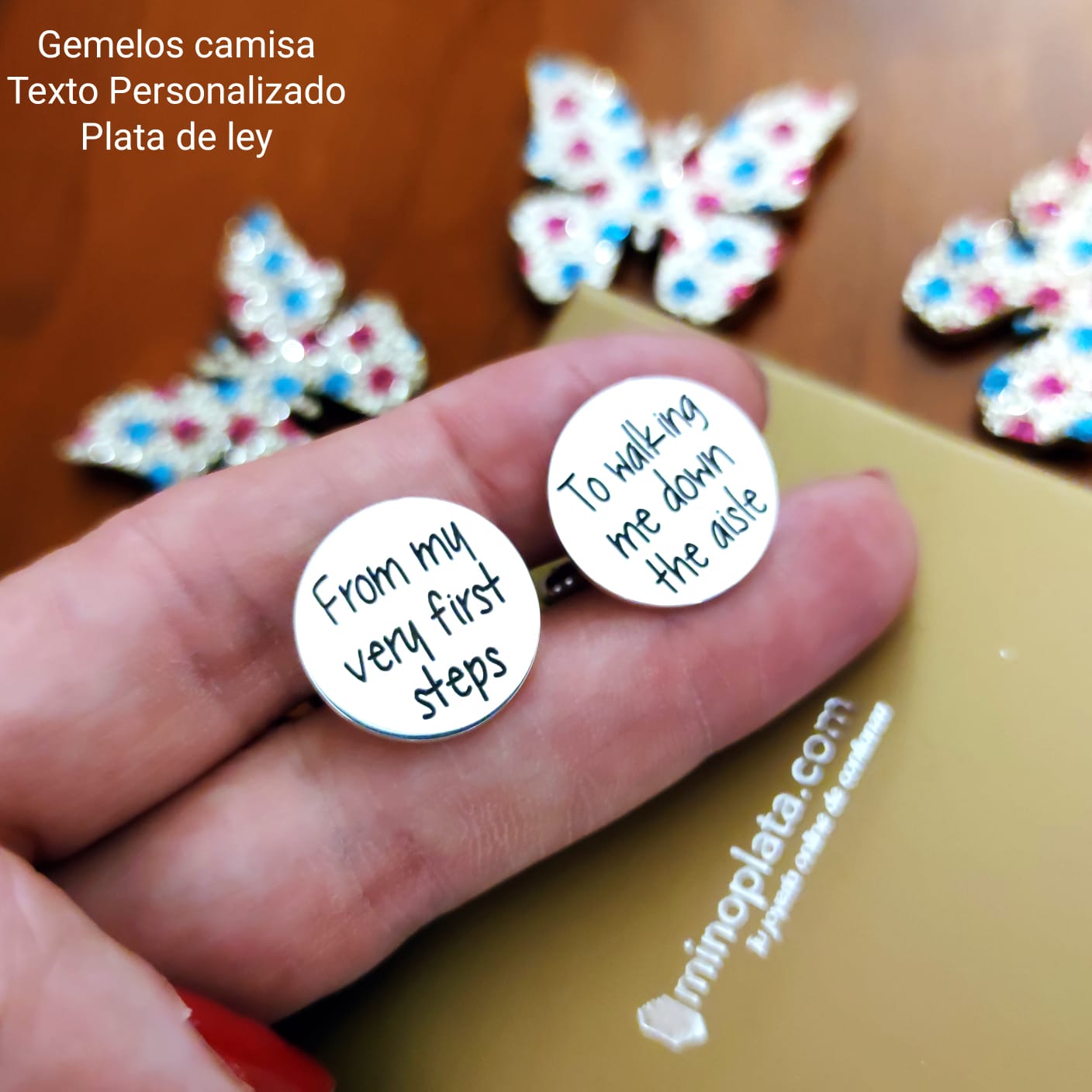 Gemelos de camisa redondos en Plata personalizados con tu texto 4