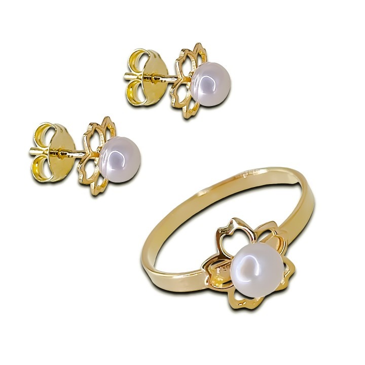 Conjunto Pendientes y Anillo Primera Comunión flor de Plata dorada y Perlas cultivadas