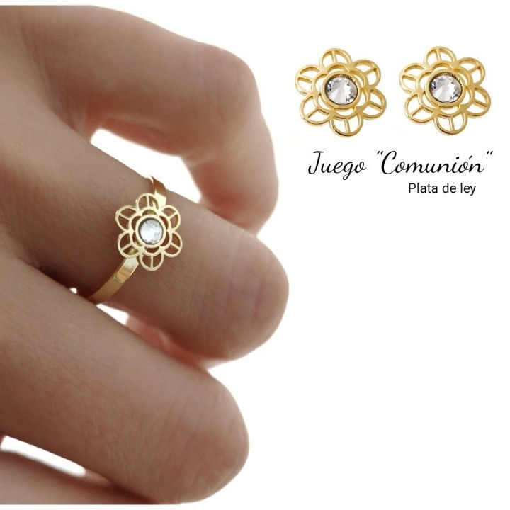 Juego Comunión Pendientes y Anillo flor de Plata chapada