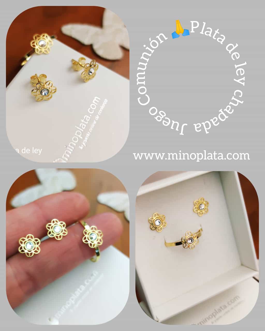 Juego Comunión Pendientes y Anillo flor de Plata chapada 4