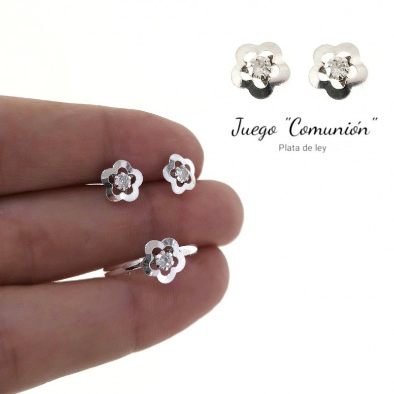 Conjunto de Pendientes y Anillo flor de Plata y Circonita niña