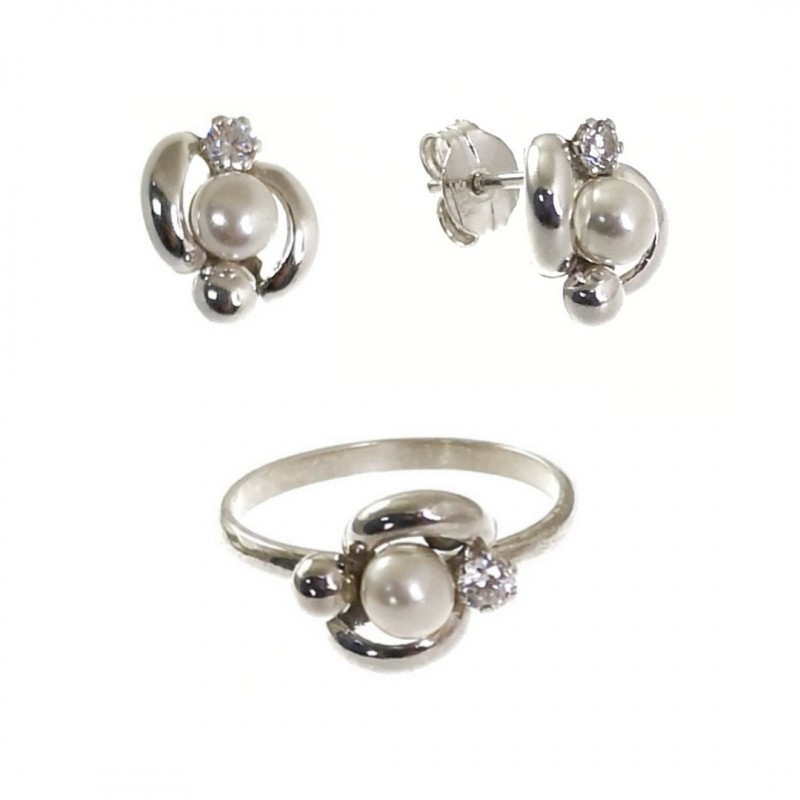 Conjunto de Pendientes y Sortija de Plata con Perla para niñas