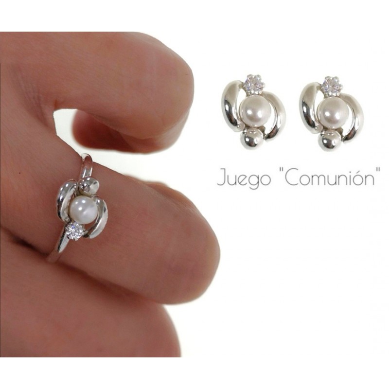 Conjunto de Pendientes y Sortija de Plata con Perla para niñas 1