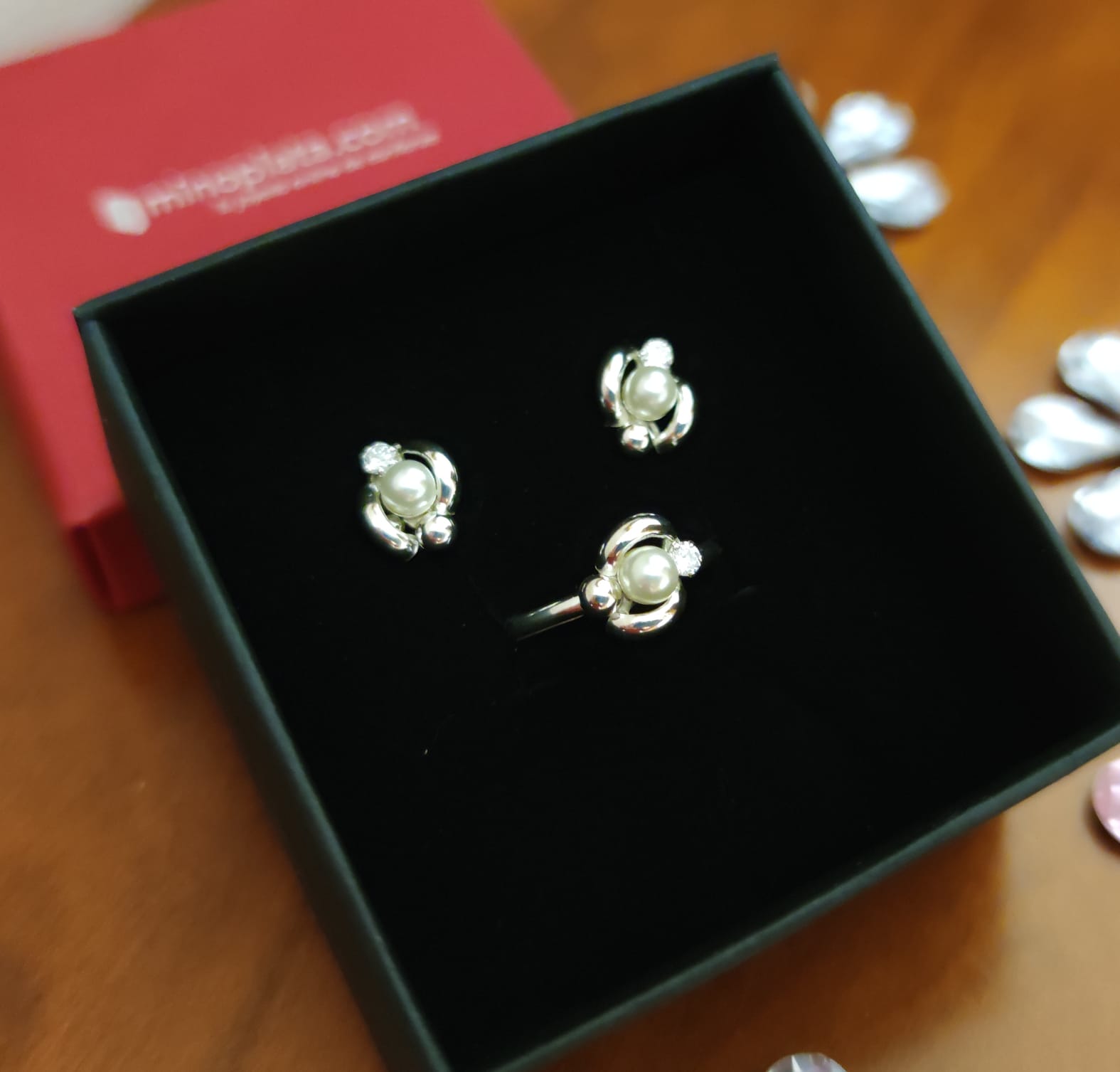 Conjunto de Pendientes y Sortija de Plata con Perla para niñas 4