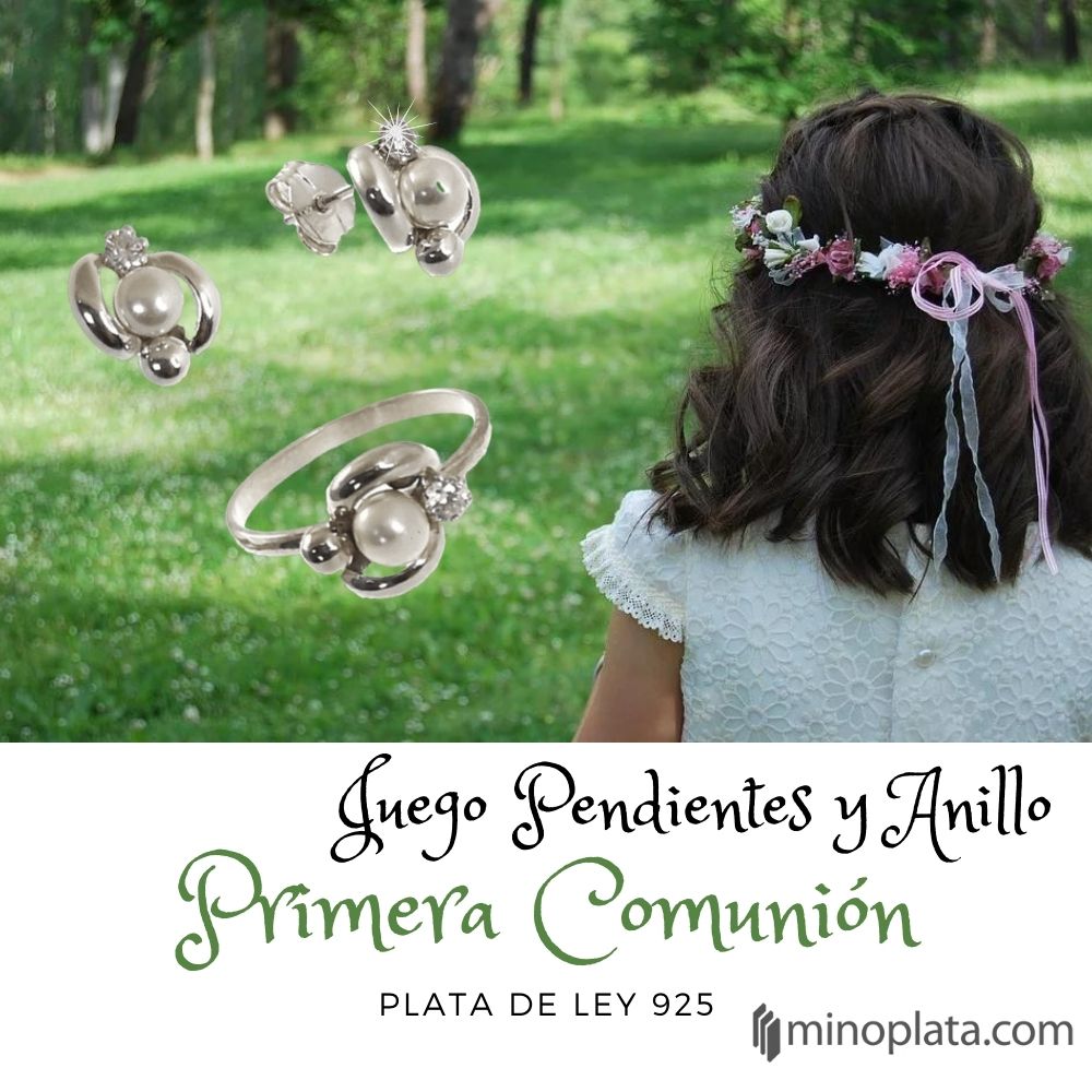 Conjunto de Pendientes y Sortija de Plata con Perla para niñas 7